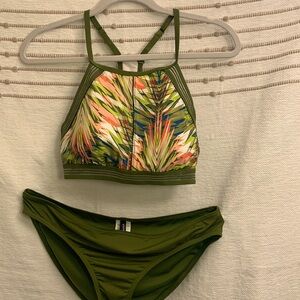 ☀️☀️Jantzen Sport Halter Bikini Medium Top XL Bottom Olive Green Coral  Blue